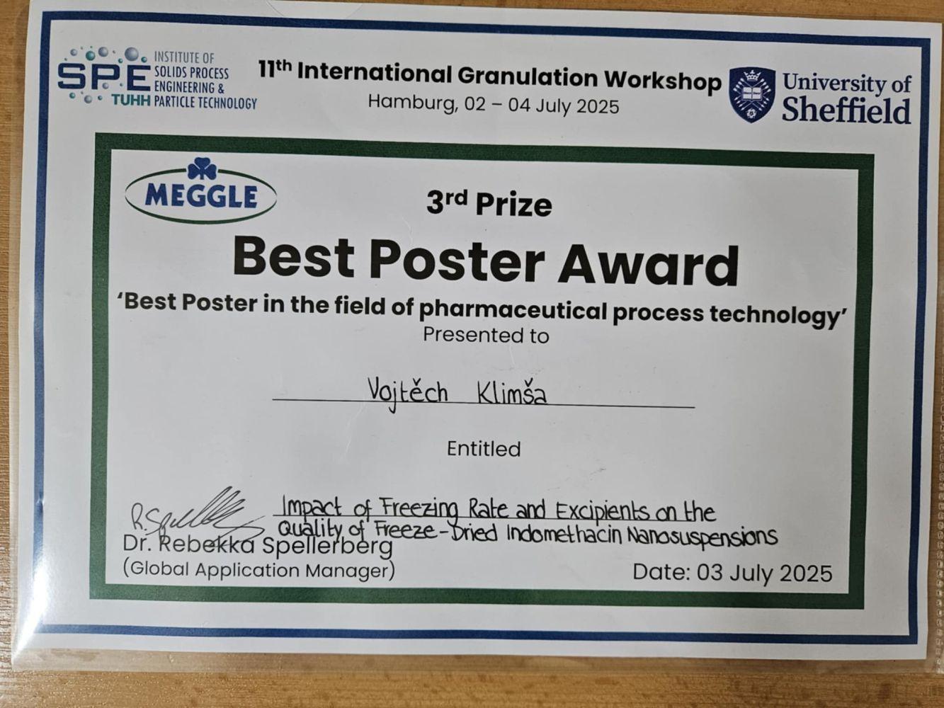 Vojtěch Klimša Wins Best Poster Award